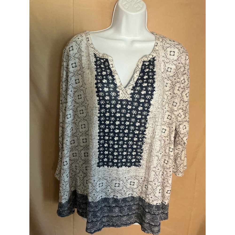 Lucky Brand Tunic Top Womens 3X Gray Blue Excellent Boho Split Neck 3/4 Sleeve